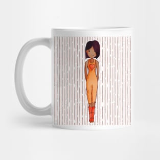 Cute brown girl with dark hair wearing an orange outfit with a red heart. Mug